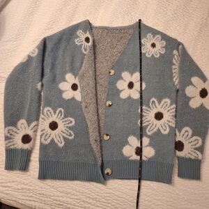 Blue Cardigan with White Floral Pattern
